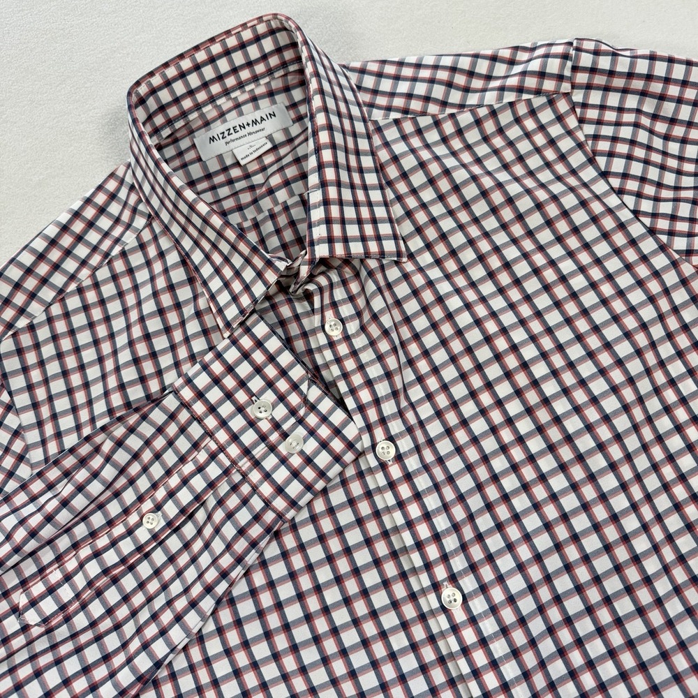 Mizzen+Main Leeward Trim Fit Men's Large Red White Blue Plaid Long Sleeve Shirt